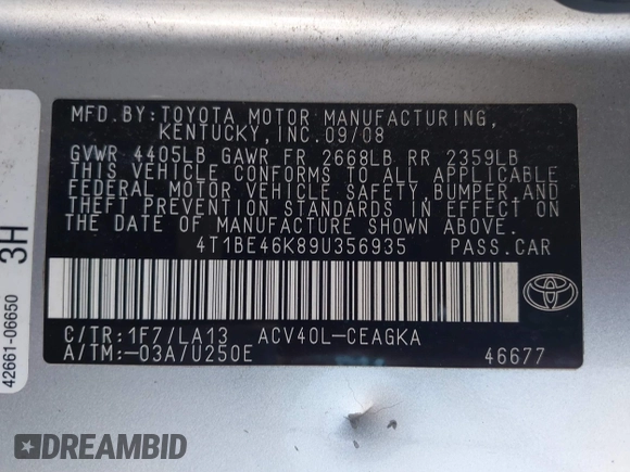 2009 Toyota Camry with VIN 4T1BE46K89U356935, listed as a IAAI auction lot 41477350 with 252,417 mi miles. Bid and sale history available at carsss.com. Image 9.