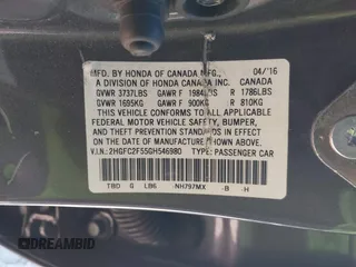 2016 Honda Civic Sedan LX with VIN 2HGFC2F55GH546980, listed as a IAAI auction lot 41378567 with 145,091 mi miles. Bid and sale history available at carsss.com. Image 9.