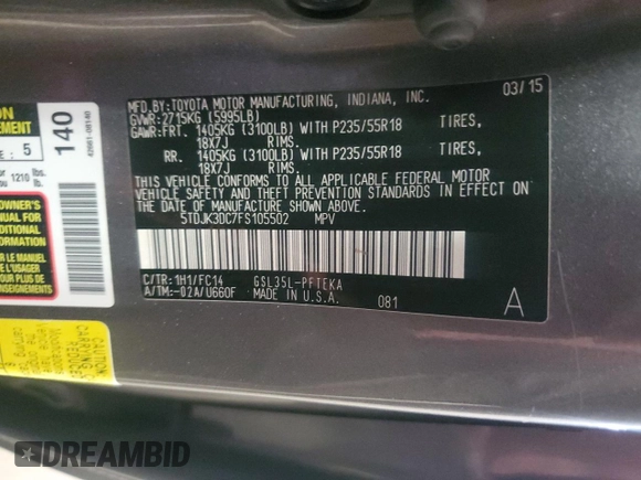 2015 Toyota Sienna LE with VIN 5TDJK3DC7FS105502, listed as a Copart auction lot 61672045 with 183,035 mi miles and Clean title. Bid and sale history available at DreamBid. Image 13.