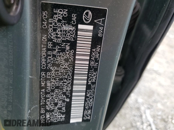 2005 Lexus ES 350 with VIN JTHBA30G455115696, listed as a Copart auction lot 51939445 with 120,311 mi miles and Salvage Title. Bid and sale history available at DreamBid. Image 15.