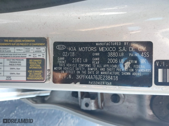 2018 Kia Forte LX with VIN 3KPFK4A76JE238418, listed as a IAAI auction lot 41772966 with 67,956 mi miles. Bid and sale history available at carsss.com. Image 9.