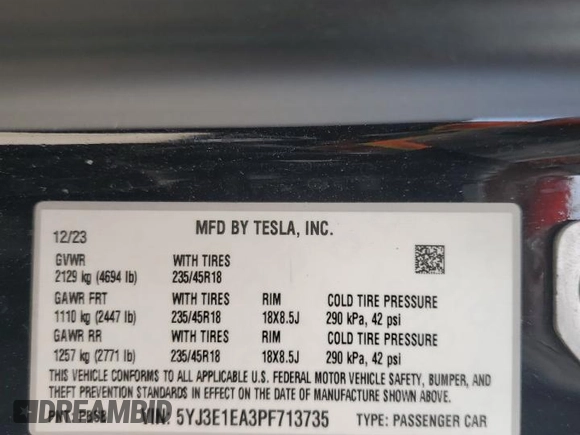 2023 Tesla Model 3 z VIN 5YJ3E1EA3PF713735, wystawiony jako Copart lot #51821995 z przebiegiem Nie podano mil oraz Szkoda całkowita • Salvage title. Historia ofert i sprzedaży dostępna na DreamBid. Obrazek 14.