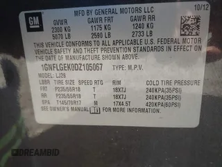 2013 Chevrolet Equinox LTZ with VIN 1GNFLGEK0DZ105067, listed as a IAAI auction lot 42102863 with 156,156 mi miles. Bid and sale history available at carsss.com. Image 9.