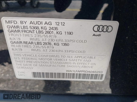 2013 Audi Q5 Premium Plus with VIN WA1LFAFP5DA046293, listed as a IAAI auction lot 42417250 with 132,124 mi miles and . Bid and sale history available at DreamBid. Image 9.