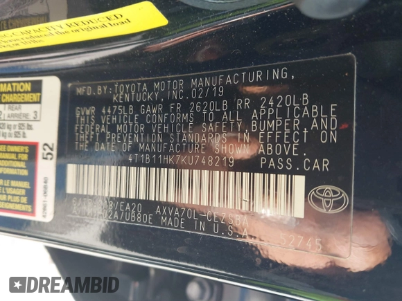 2019 Toyota Camry LE z VIN 4T1B11HK7KU748219, wystawiony jako IAAI lot #41864602 z przebiegiem 29 978 mil mil oraz . Historia ofert i sprzedaży dostępna na DreamBid. Obrazek 9.