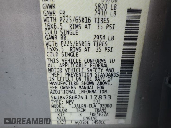 2007 Nissan Quest S with VIN 5N1BV28U87N117833, listed as a Copart auction lot 43357885 with 160,808 mi miles and Salvage Title. Bid and sale history available at carsss.com. Image 13.