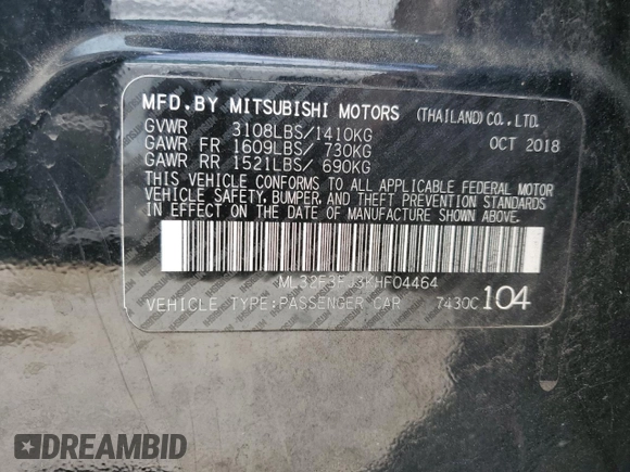 2019 Mitsubishi Mirage ES z VIN ML32F3FJ3KHF04464, wystawiony jako Copart lot #57305415 z przebiegiem 117 497 mil mil oraz Szkody całkowita. Historia ofert i sprzedaży dostępna na DreamBid. Obrazek 12.