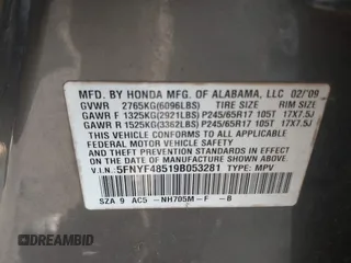 2009 Honda Pilot EX-L with VIN 5FNYF48519B053281, listed as a IAAI auction lot 41905515 with 255,634 mi miles. Bid and sale history available at carsss.com. Image 9.