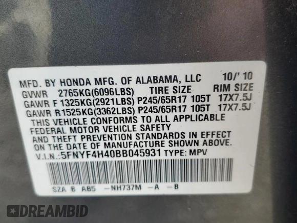 2011 Honda Pilot EX with VIN 5FNYF4H40BB045931, listed as a Copart auction lot 55401855 with 258,677 mi miles and Clean Title. Bid and sale history available at DreamBid. Image 14.