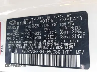 2014 Hyundai Santa Fe Limited z VIN KM8SNDHF8EU080086, wystawiony jako IAAI lot #41995020 z przebiegiem 168 532 mil mil oraz . Historia ofert i sprzedaży dostępna na DreamBid. Obrazek 9.