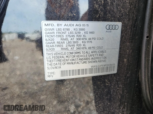 2015 Audi Q7 Premium Plus with VIN WA1LGAFE4FD026419, listed as a Copart auction lot 62764485 with 156,613 mi miles and Clean title. Bid and sale history available at DreamBid. Image 13.