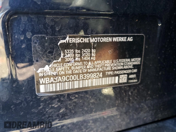 2020 BMW 5 Series 530e with VIN WBAJA9C00LB399824, listed as a Copart auction lot 45011365 with 52,678 mi miles and Salvage Title. Bid and sale history available at DreamBid. Image 14.
