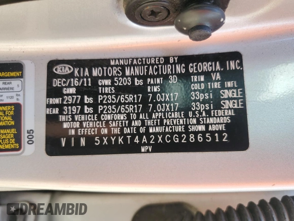2012 Kia Sorento LX with VIN 5XYKT4A2XCG286512, listed as a Copart auction lot 52741445 with 142,551 mi miles and Clean Title. Bid and sale history available at carsss.com. Image 13.
