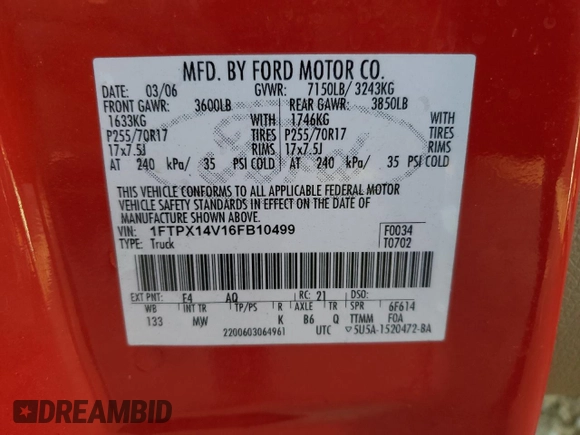 2006 Ford F-150 XLT with VIN 1FTPX14V16FB10499, listed as a Copart auction lot 47308725 with 179,793 mi miles and Salvage Title. Bid and sale history available at carsss.com. Image 13.