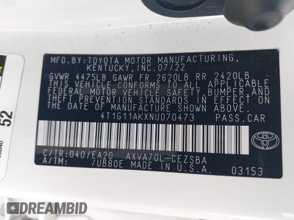 2022 Toyota Camry SE with VIN 4T1G11AKXNU070473, listed as a IAAI auction lot 41937541 with 57,598 mi miles and . Bid and sale history available at DreamBid. Image 9.