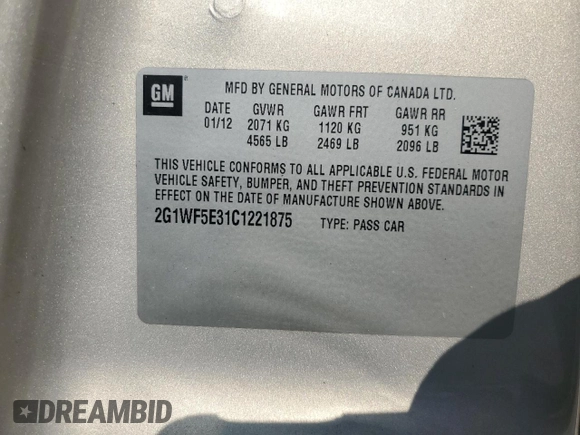 2012 Chevrolet Impala LS Fleet with VIN 2G1WF5E31C1221875, listed as a Copart auction lot 59107735 with 192,225 mi miles and Salvage title. Bid and sale history available at DreamBid. Image 13.