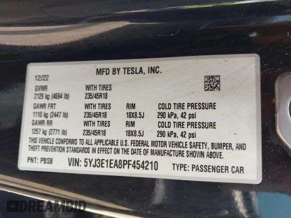 2023 Tesla Model 3 with VIN 5YJ3E1EA8PF454210, listed as a IAAI auction lot 42326822 with 43,200 mi miles and . Bid and sale history available at DreamBid. Image 9.