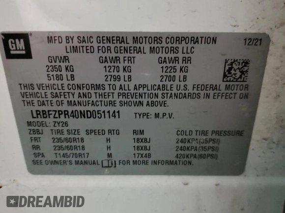 2022 Buick Envision Essence with VIN LRBFZPR40ND051141, listed as a Copart auction lot 44046575 with Not Provided miles and Salvage Title. Bid and sale history available at carsss.com. Image 16.