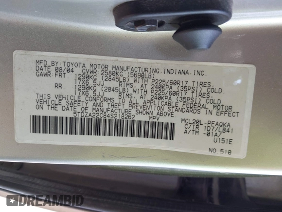 2004 Toyota Sienna XLE with VIN 5TDZA22C84S218262, listed as a IAAI auction lot 41585704 with 204,815 mi miles and . Bid and sale history available at DreamBid. Image 9.