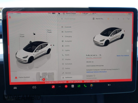 2023 Tesla Model 3 Performance z VIN 5YJ3E1EC7PF432748, wystawiony jako IAAI lot #41841913 z przebiegiem 36 043 mil mil oraz . Historia ofert i sprzedaży dostępna na DreamBid. Obrazek 7.