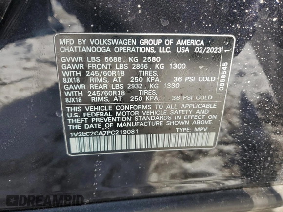 2023 Volkswagen Atlas SE с VIN 1V2LC2CA7PC219081, выставлен на аукционе Copart как лот 41369365 с пробегом 12 941 миль миль и Списание • Salvage title. История ставок и продаж доступна на DreamBid. Изображение 15.
