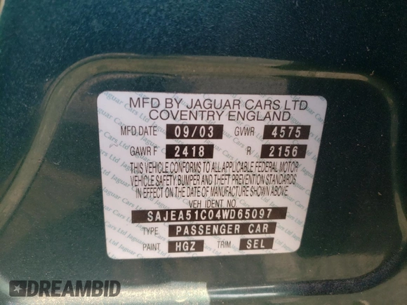2004 Jaguar X-Type z VIN SAJEA51C04WD65097, wystawiony jako Copart lot #53825295 z przebiegiem 58 270 mil mil oraz Szkoda całkowita • Salvage title. Historia ofert i sprzedaży dostępna na DreamBid. Obrazek 12.