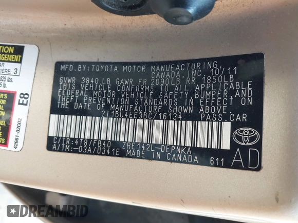 2011 Toyota Corolla L with VIN 2T1BU4EE3BC716134, listed as a IAAI auction lot 41930838 with 238,431 mi miles. Bid and sale history available at carsss.com. Image 9.
