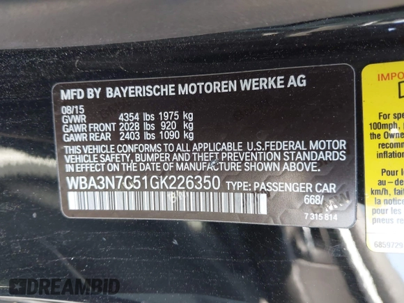 2016 BMW 4 Series 428i with VIN WBA3N7C51GK226350, listed as a IAAI auction lot 42096795 with 89,208 mi miles and . Bid and sale history available at DreamBid. Image 9.