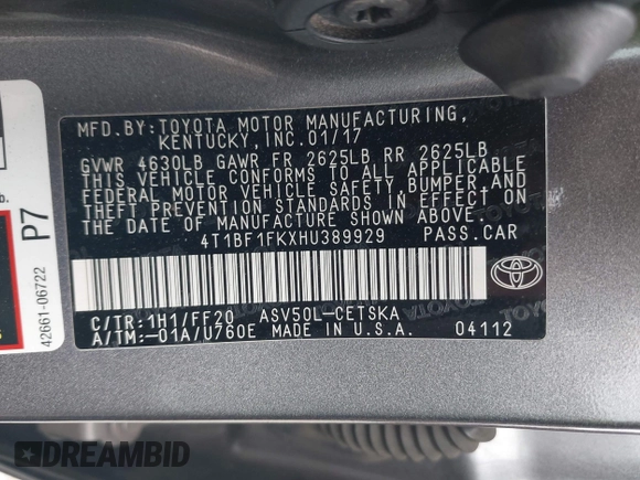 2017 Toyota Camry XLE with VIN 4T1BF1FKXHU389929, listed as a IAAI auction lot 42051551 with 98,285 mi miles. Bid and sale history available at carsss.com. Image 9.