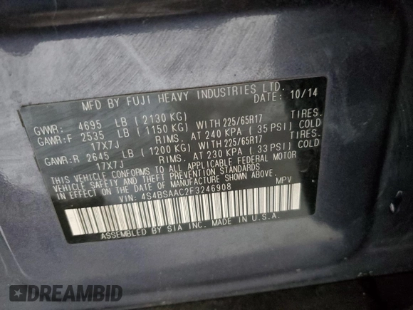 2015 Subaru Outback 2.5i with VIN 4S4BSAAC2F3246908, listed as a Copart auction lot 59888365 with 190,815 mi miles and Clean title. Bid and sale history available at DreamBid. Image 13.