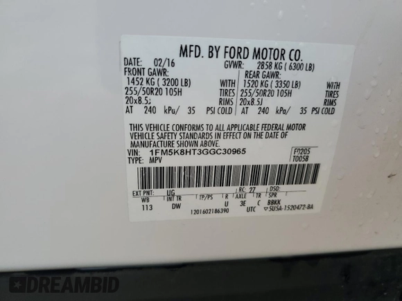 2016 Ford Explorer Platinum с VIN 1FM5K8HT3GGC30965, выставлен на аукционе Copart как лот 58735995 с пробегом 105 703 миль миль и Списание • Salvage title. История ставок и продаж доступна на DreamBid. Изображение 13.