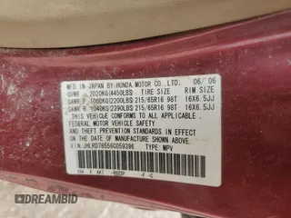 2006 Honda CR-V LX z VIN JHLRD78556C059396, wystawiony jako Copart lot #54429865 z przebiegiem Nie podano mil oraz Szkoda całkowita • Salvage title. Historia ofert i sprzedaży dostępna na DreamBid. Obrazek 13.