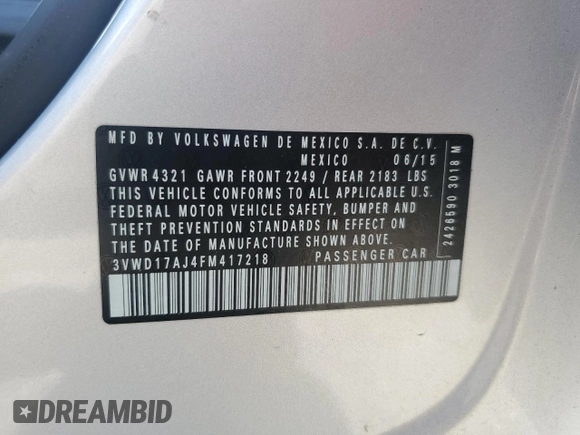 2015 Volkswagen Jetta SE z VIN 3VWD17AJ4FM417218, wystawiony jako Copart lot #61001125 z przebiegiem 84 159 mil mil oraz Szkoda całkowita • Salvage title. Historia ofert i sprzedaży dostępna na DreamBid. Obrazek 12.