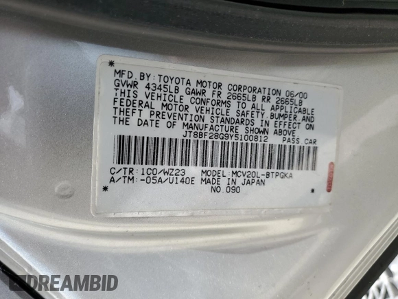 2000 Lexus ES 300 with VIN JT8BF28G9Y5100812, listed as a Copart auction lot 56790365 with 161,518 mi miles and Salvage title. Bid and sale history available at DreamBid. Image 12.