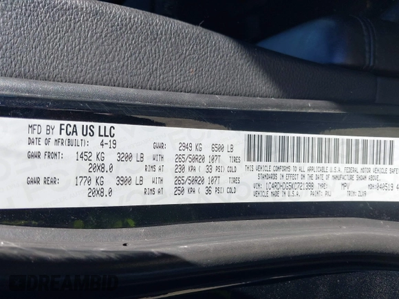 2019 Dodge Durango GT Plus with VIN 1C4RDHDG5KC721398, listed as a IAAI auction lot 41697019 with 105,620 mi miles and . Bid and sale history available at carsss.com. Image 9.