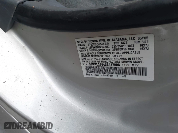 2005 Honda Odyssey EX-L with VIN 5FNRL38645B417008, listed as a IAAI auction lot 41870386 with Not Provided miles and . Bid and sale history available at carsss.com. Image 9.
