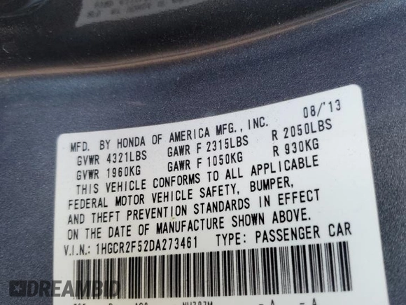 2013 Honda Accord Sport with VIN 1HGCR2F52DA273461, listed as a Copart auction lot 52364325 with 92,577 mi miles and Salvage Title. Bid and sale history available at DreamBid. Image 14.