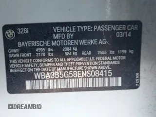 2014 BMW 3 Series 328i xDrive with VIN WBA3B5G58ENS08415, listed as a IAAI auction lot 41642668 with 51,563 mi miles and . Bid and sale history available at DreamBid. Image 9.
