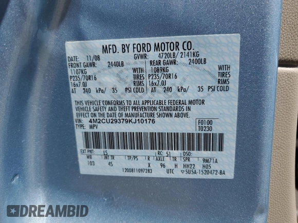 2009 Mercury Mariner Hybrid with VIN 4M2CU29379KJ10176, listed as a Copart auction lot 57554475 with 121,691 mi miles and Clean title. Bid and sale history available at DreamBid. Image 13.