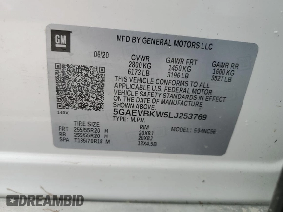2020 Buick Enclave Premium with VIN 5GAEVBKW5LJ253769, listed as a Copart auction lot 82934124 with 0 mi miles and Non Repairable. Bid and sale history available at carsss.com. Image 13.