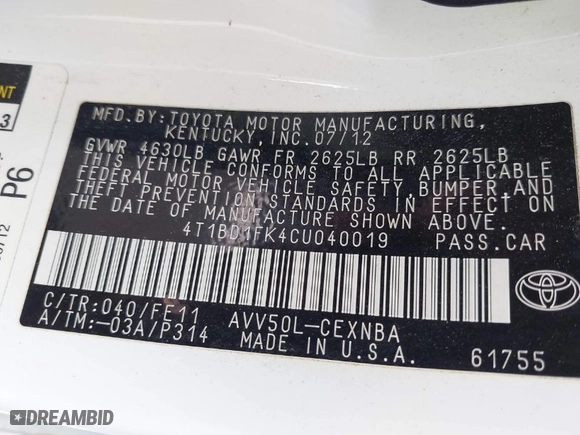 2012 Toyota Camry Hybrid XLE with VIN 4T1BD1FK4CU040019, listed as a IAAI auction lot 41869225 with 95,326 mi miles. Bid and sale history available at carsss.com. Image 9.