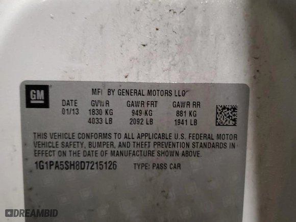 2013 Chevrolet Cruze LS with VIN 1G1PA5SH8D7215126, listed as a Copart auction lot 44766315 with 158,419 mi miles and Clean Title. Bid and sale history available at carsss.com. Image 12.