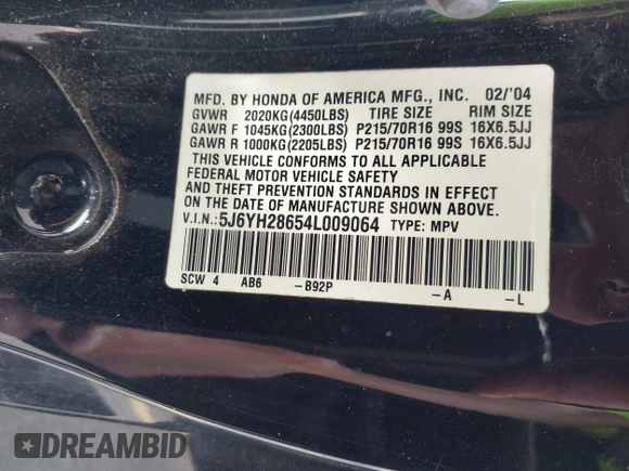 2004 Honda Element EX with VIN 5J6YH28654L009064, listed as a IAAI auction lot 41649560 with 218,427 mi miles and . Bid and sale history available at DreamBid. Image 9.