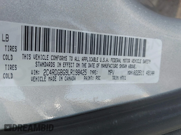 2020 Dodge Grand Caravan SE with VIN 2C4RDGBG9LR198425, listed as a IAAI auction lot 40672143 with 61,473 mi miles and . Bid and sale history available at DreamBid. Image 9.