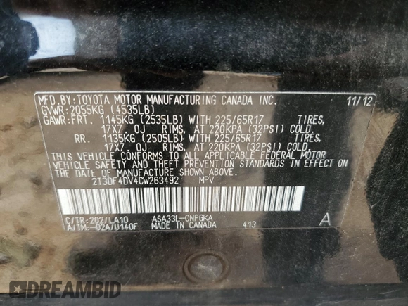2012 Toyota RAV4 Limited with VIN 2T3DF4DV4CW263492, listed as a Copart auction lot 58043125 with 222,812 mi miles and Salvage title. Bid and sale history available at DreamBid. Image 13.