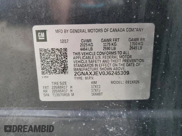 2018 Chevrolet Equinox LT with VIN 2GNAXJEV0J6245309, listed as a Copart auction lot 47442665 with 116,252 mi miles and Salvage Title. Bid and sale history available at DreamBid. Image 13.