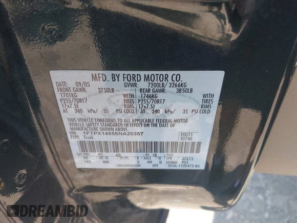 2006 Ford F-150 XLT with VIN 1FTPX14556NA20357, listed as a IAAI auction lot 42428306 with 160,669 mi miles and . Bid and sale history available at DreamBid. Image 9.