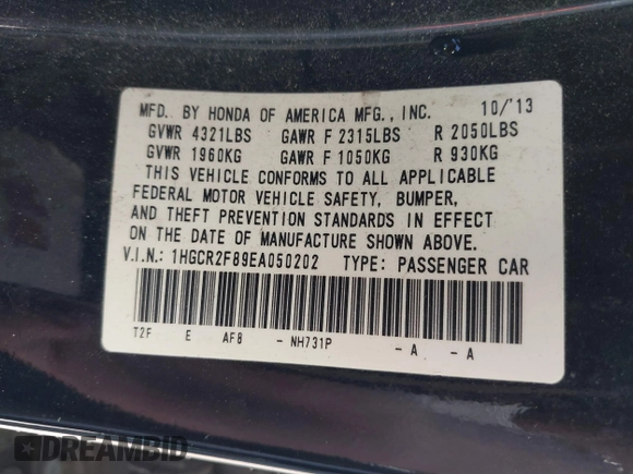 2014 Honda Accord EX-L with VIN 1HGCR2F89EA050202, listed as a IAAI auction lot 41785779 with 193,601 mi miles and . Bid and sale history available at carsss.com. Image 9.
