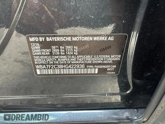 2017 BMW 7 Series with VIN WBA7F2C38HG422936, listed as a Copart auction lot 44996865 with 84,597 mi miles and Clean Title. Bid and sale history available at DreamBid. Image 10.