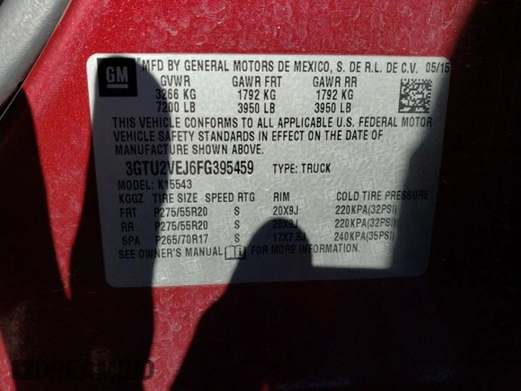2015 GMC Sierra 1500 SLT with VIN 3GTU2VEJ6FG395459, listed as a Copart auction lot 86846624 with 177,064 mi miles and Salvage Title. Bid and sale history available at DreamBid. Image 12.